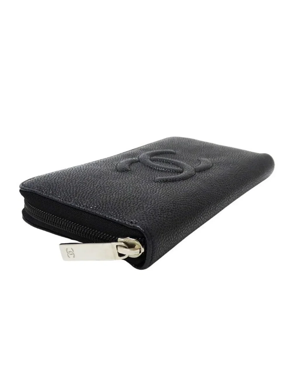 Chanel Wallet Caviar Leather Black Silver Zip Around Logo Adult